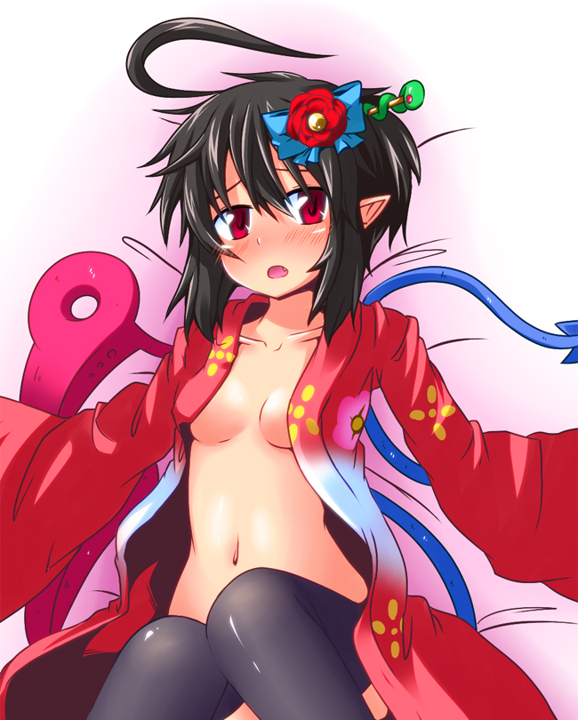 ahoge asymmetrical_wings black_hair black_legwear blush breasts fang floral_print flower hair_flower hair_ornament hair_ribbon hairpin houjuu_nue huge_ahoge ichimi japanese_clothes kimono midriff no_bra no_panties open_clothes open_kimono open_mouth pointy_ears red_eyes ribbon short_hair small_breasts snake solo thighhighs touhou wings