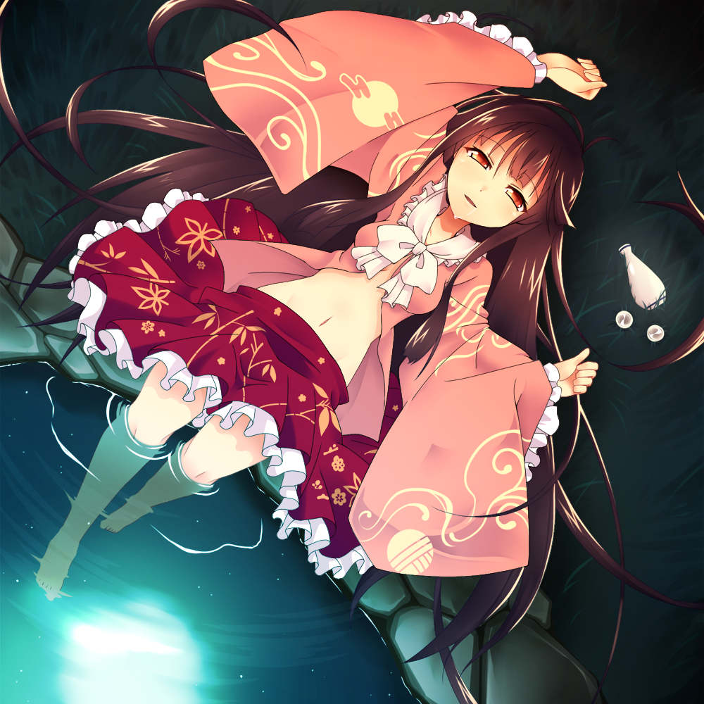 alcohol arms_up barefoot brown_hair frilled_skirt frilled_sleeves frills from_above full_moon grass houraisan_kaguya kotomuke_fuurin long_hair lying midriff moon moon_reflection navel night night_sky on_back open_clothes open_mouth open_shirt pond red_eyes reflection sake shirt skirt sky slit_pupils smile soaking_feet solo tokkuri touhou unbuttoned very_long_hair water wide_sleeves