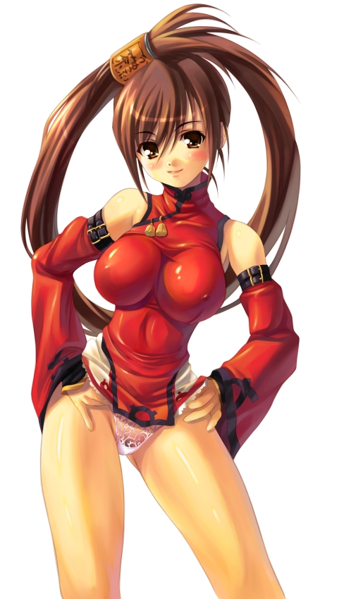 akamaru bare_shoulders blush breasts brown_eyes brown_hair china_dress chinese_clothes detached_sleeves dress dress_lift guilty_gear hands_on_hips impossible_clothes impossible_shirt kuradoberi_jam large_breasts legs long_hair panties red_skirt shirt short_dress skin_tight skirt slender smile solo twintails underwear white_panties
