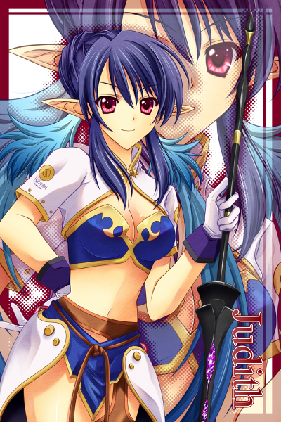blue_hair border character_name cropped_jacket gloves hand_on_hip hiryuu_kanon judith long_hair midriff outside_border pointy_ears polearm purple_eyes red_border smile solo spear tales_of_(series) tales_of_vesperia weapon white_gloves zoom_layer