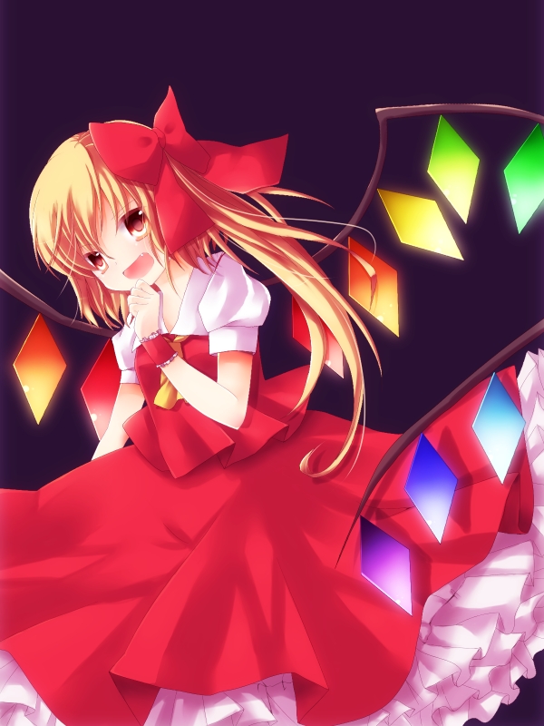 blonde_hair fang flandre_scarlet hair_ribbon red_eyes ribbon side_ponytail solo touhou wings wrist_cuffs yucchan_(drizzle_star)