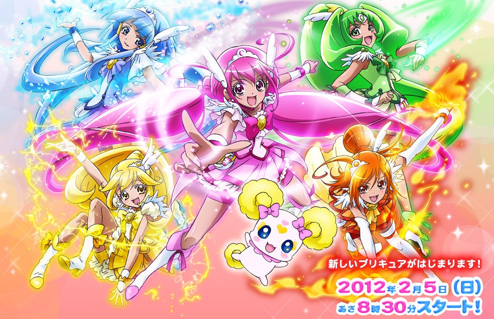 :d aoki_reika blonde_hair blue_eyes blue_hair boots bow candy_(smile_precure!) creature cure_beauty cure_happy cure_march cure_peace cure_sunny dress electricity fire green_eyes green_hair hair_bun happy head_wings hino_akane_(smile_precure!) hoshizora_miyuki ice kawamura_toshie kise_yayoi long_hair magical_girl midorikawa_nao multiple_girls official_art open_mouth orange_dress pink_dress pink_eyes pink_hair pointing precure red_eyes red_hair ribbon short_hair smile smile_precure! sparkle tiara twintails wrist_cuffs yellow_dress yellow_eyes