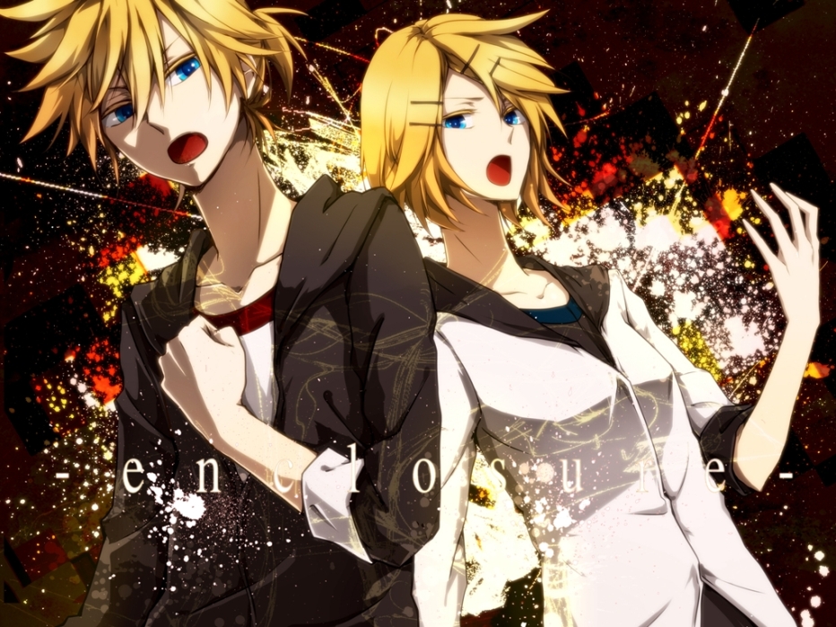 1girl blonde_hair blue_eyes brother_and_sister clenched_hand fukkin_(hukkyunzzz) hair_ornament hairclip hand_on_own_chest kagamine_len kagamine_rin music open_mouth short_hair siblings singing twins vocaloid