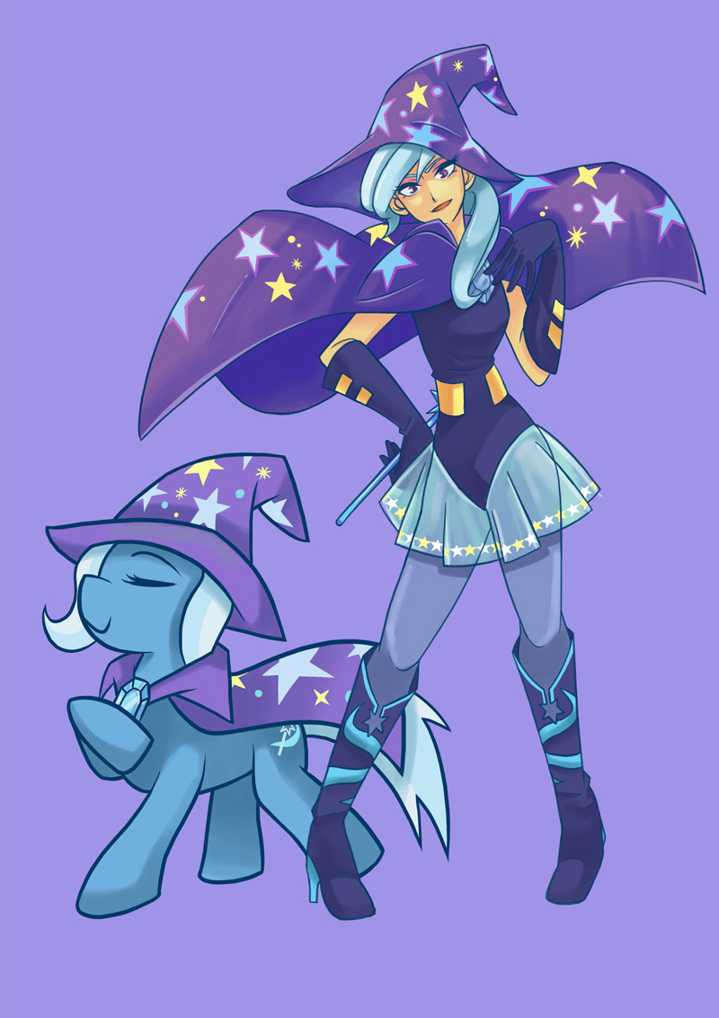 blue_hair boots cape closed_eyes dual_persona elbow_gloves gem gloves hand_on_hip hat horse knee_boots long_hair looking_at_viewer my_little_pony my_little_pony_friendship_is_magic open_mouth pantyhose personification pleated_skirt pony purple purple_background purple_eyes skirt star trixie_lulamoon wand wizard_hat wong_ying_chee