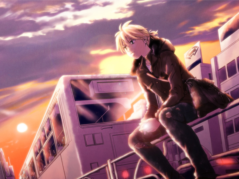 aqua_eyes bag blonde_hair bus casual ground_vehicle kagamine_len male_focus motor_vehicle outdoors paraiso sitting sky solo sunset vocaloid