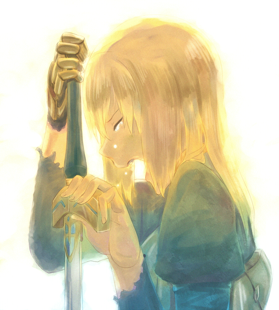 armor artoria_pendragon_(all) bad_id bad_pixiv_id blonde_hair closed_eyes crying dress excalibur fate/stay_night fate_(series) hair_down hands_on_hilt long_hair open_mouth pietani397 profile puffy_sleeves saber solo sword tears weapon