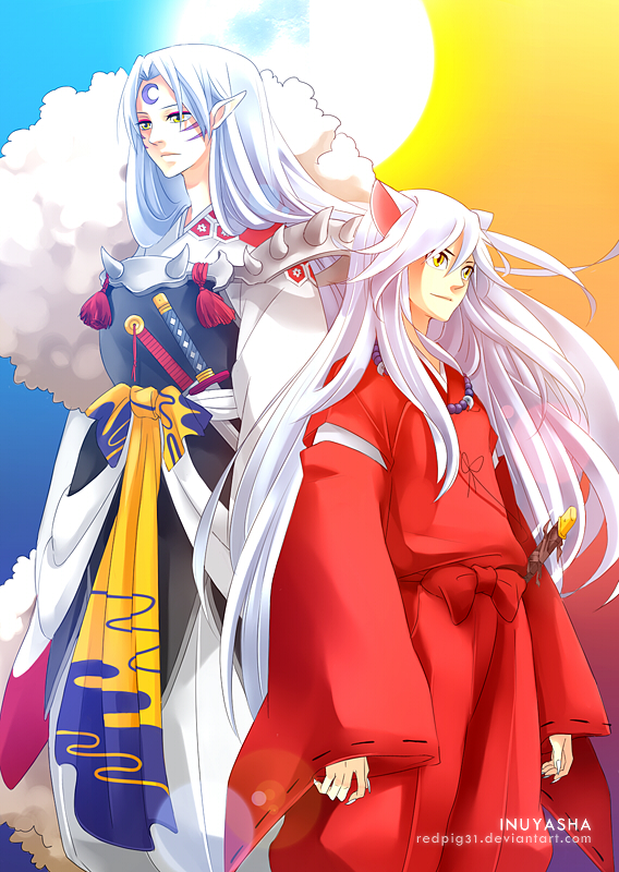 animal_ears armor brothers copyright_name dog_ears facial_mark fur height_difference inuyasha inuyasha_(character) japanese_clothes long_hair male_focus moon multiple_boys pointy_ears redpig31 sesshoumaru siblings sun sword weapon white_hair