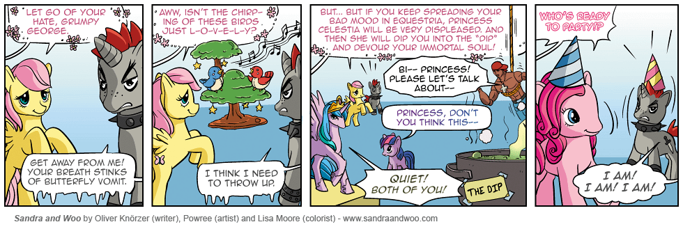 avian bird comic equine female feral fluttershy_(mlp) friendship_is_magic hair hat horn horse long_hair male mammal multi-colored_hair my_little_pony parody pegasus pink_hair pinkie_pie_(mlp) pony princess princess_celestia_(mlp) purple_hair royalty sandra_and_woo short_hair toy tree twilight_sparkle_(mlp) unicorn wings wood