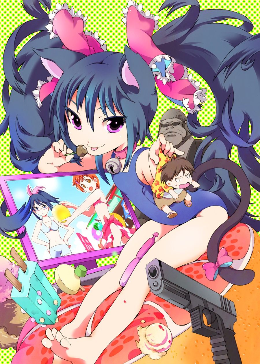 1girl animal_ears barefoot bow cat_ears cat_tail feet food gorilla gun hair_bow highres ichizen_(o_tori) long_hair one-piece_swimsuit original photo_(object) popsicle school_swimsuit swimsuit tail toes twintails weapon