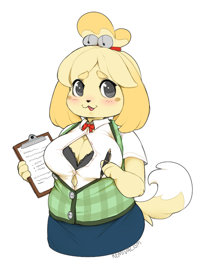 animal_crossing big_breasts blush bra breasts canine cleavage clothed clothing dipstick_tail dog female hair_ornament invalid_tag isabelle_(animal_crossing) mammal multicolored_tail nintendo pen remivalism shih_tzu slightly_chubby solo underwear video_games