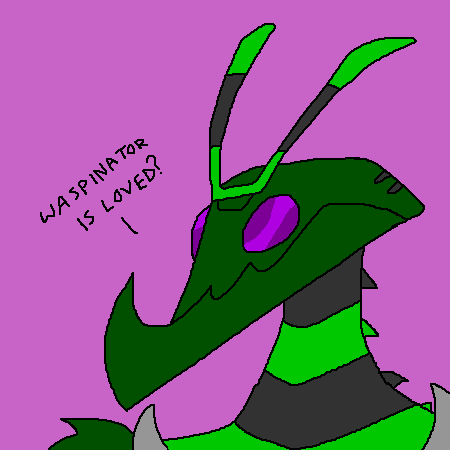 arthropod beast_wars cute decepticon flat_colors green green_body insect machine male mechanical oekaki pink_background plain_background purple_eyes robot sarah_lamoreaux solo transformers transformers_animated wasp waspinator