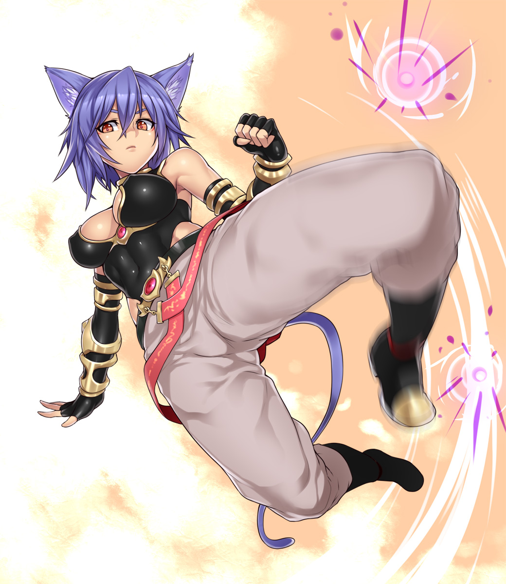animal_ears bare_shoulders belt black_gloves boots bracer breasts brown_eyes cat_ears clenched_hand elbow_gloves fingerless_gloves gloves highres houtengeki kicking large_breasts lavender_hair motion_blur original pants serious short_hair solo tail tight