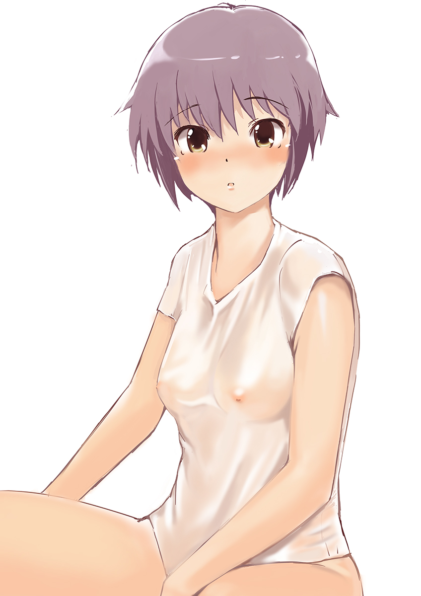 blush breasts brown_eyes highres looking_at_viewer nagato_yuki naked_shirt nipples otakeyan purple_hair see-through shirt short_hair simple_background small_breasts solo suzumiya_haruhi_no_yuuutsu white_background