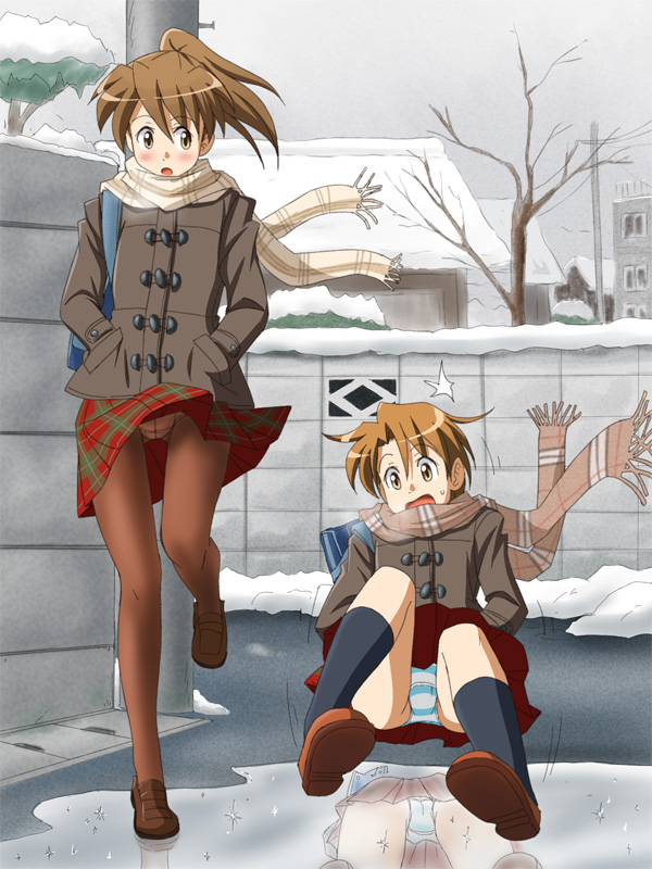 :o black_legwear blush breath brown_eyes brown_hair brown_legwear crotch_seam day fujimoto_atsuko hair_between_eyes hand_in_pocket ice jacket kneehighs lielos multiple_girls open_mouth original panties panties_under_pantyhose pantyhose pantyshot pantyshot_(sitting) pantyshot_(standing) plaid plaid_skirt pleated_skirt poniko_(lielos) ponytail scarf sitting skirt sky snow standing striped striped_panties sweatdrop tree underwear white_panties wind wind_lift