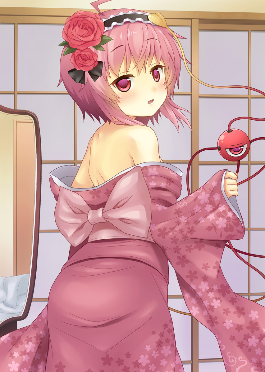 :o ahoge alternate_costume alternate_hairstyle ass back bad_id bad_pixiv_id bangs bare_shoulders blush bow breasts embarrassed eyeball flat_chest floral_print flower frills from_behind gradient_hair hair_flower hair_ornament hairband highres indoors japanese_clothes kimono komeiji_satori long_sleeves looking_at_viewer looking_back mirror multicolored_hair obi off_shoulder open_mouth pink_eyes pink_hair rasahan reflection rose sash short_hair sideboob sidelocks small_breasts solo standing third_eye touhou wide_sleeves