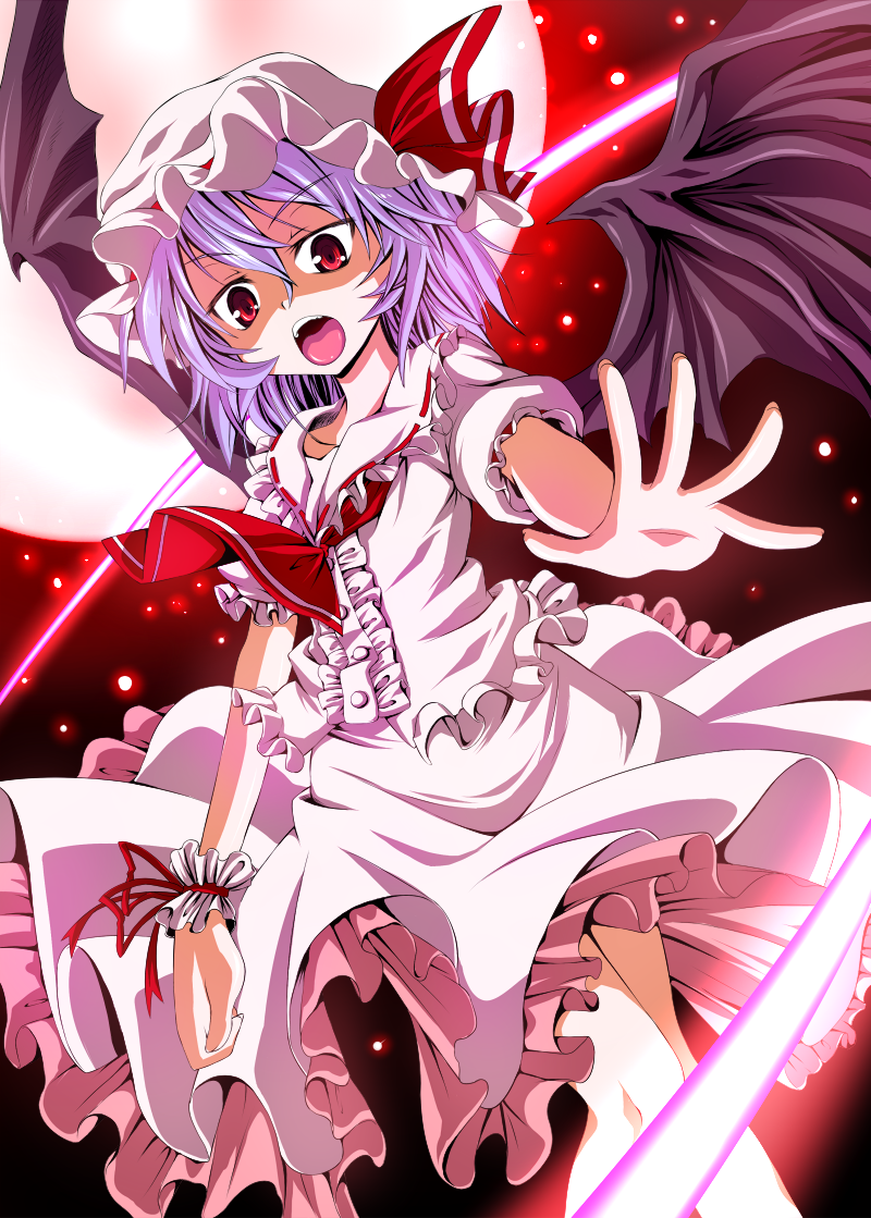 bat_wings danmaku from_below hat kokutou_nikke lavender_hair open_hand outstretched_hand red_eyes remilia_scarlet solo touhou wings wrist_cuffs