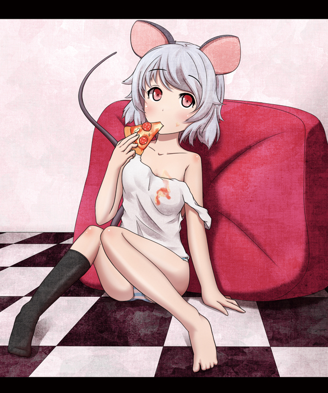 animal_ears barefoot blush dirty_clothes eating food grey_hair holding_pizza knees_together_feet_apart letterboxed looking_at_viewer messy mouse_ears mouse_tail nazrin no_pants nogisaka_kushio panties pillow pizza red_eyes sexually_suggestive shirt short_hair single_sock sitting slovenly socks solo strap_slip striped striped_panties tail tank_top tile_floor tiles touhou underwear