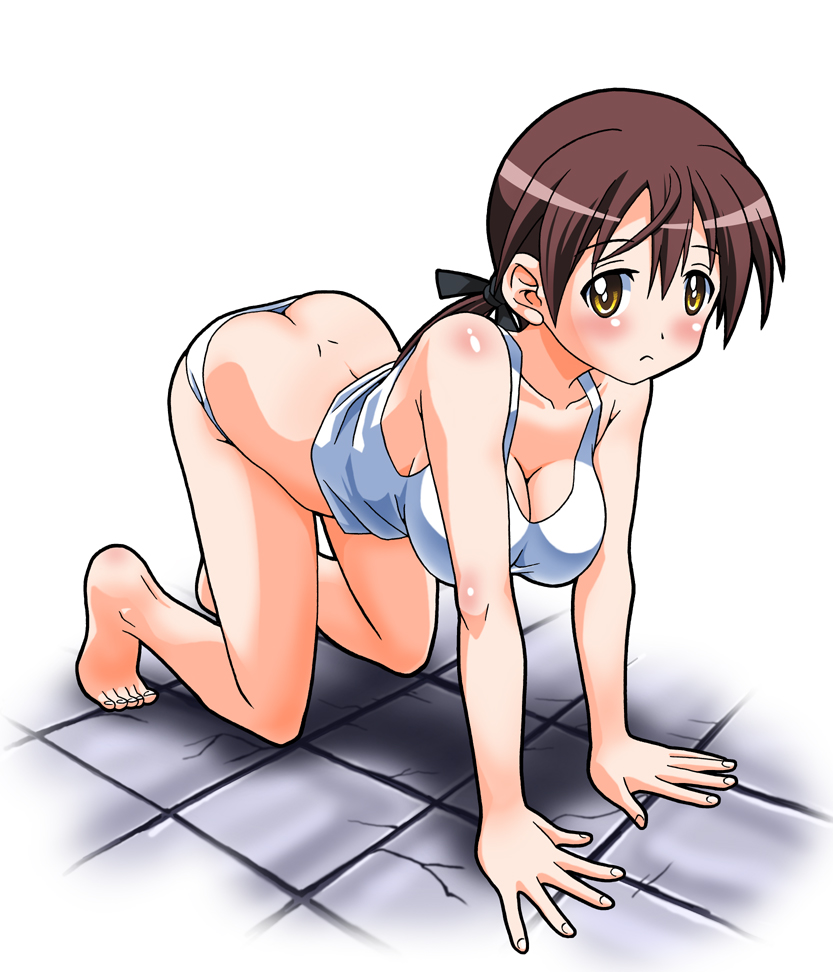 all_fours barefoot breasts brown_hair butt_crack cleavage doku_donguri feet gertrud_barkhorn hanging_breasts large_breasts short_twintails solo strike_witches tank_top twintails world_witches_series yellow_eyes