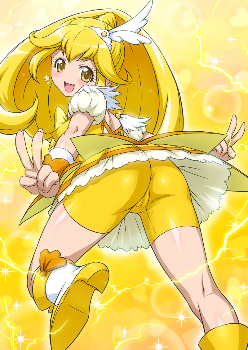 ass bike_shorts blonde_hair blush boots cameltoe cure_peace double_v electricity eyelashes from_behind hair_flaps hair_ornament head_wings joy_ride kise_yayoi knee_boots kneepits legs looking_at_viewer looking_back miniskirt petticoat precure puffy_sleeves shoe_soles shorts shorts_under_skirt skirt smile smile_precure! soles solo v wide_ponytail yellow yellow_background yellow_eyes yellow_shorts yellow_skirt