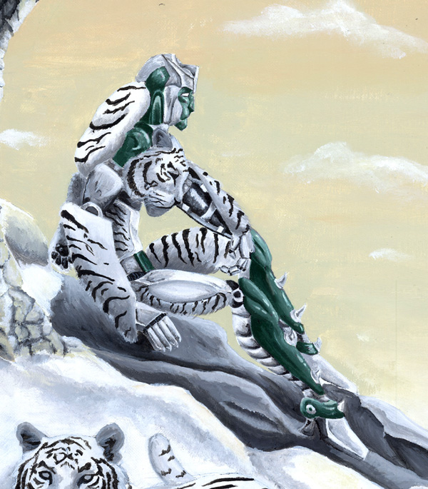 feline fur green green_body machine male mammal markings maximal mechanical robot sitting snow solo stripes tigatron tiger transformers upsiloneexe white white_eyes white_fur