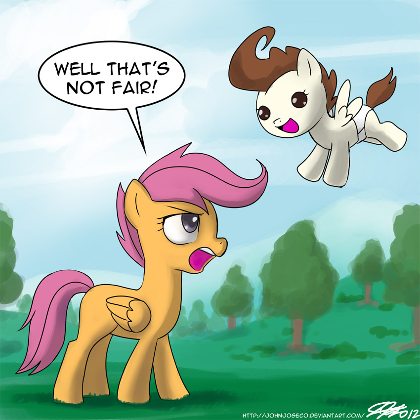 baby brown_eyes brown_hair cub dialog dialogue diaper english_text equine female feral flying friendship_is_magic hair horse john_joseco male mammal my_little_pony pegasus pony pound_cake_(mlp) purple_hair scootaloo_(mlp) text wings young