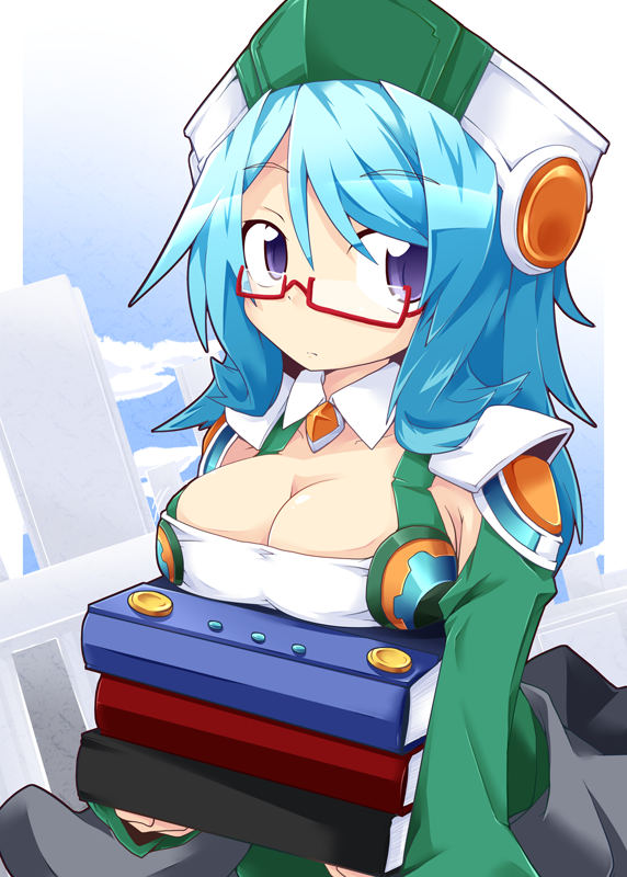 blue_eyes blue_hair blue_sky book breast_rest breasts cardfight!!_vanguard carried_breast_rest carrying cleavage cleavage_cutout cloud day glasses hat long_hair looking_at_viewer medium_breasts pillar quiet_sage_sharon reku shirt skirt sky solo