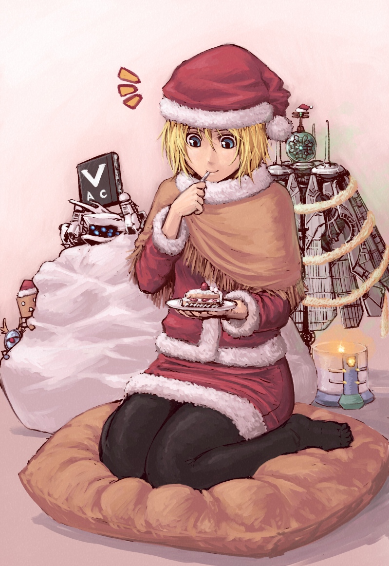 answerer armored_core armored_core:_for_answer armored_core_4 blonde_hair blue_eyes cake chibi christmas decorations female fiona_jarnefeldt food fork from_software girl holiday jack-o mecha plate short_hair sol_dios tatsuya_(atelier_road) white_glint