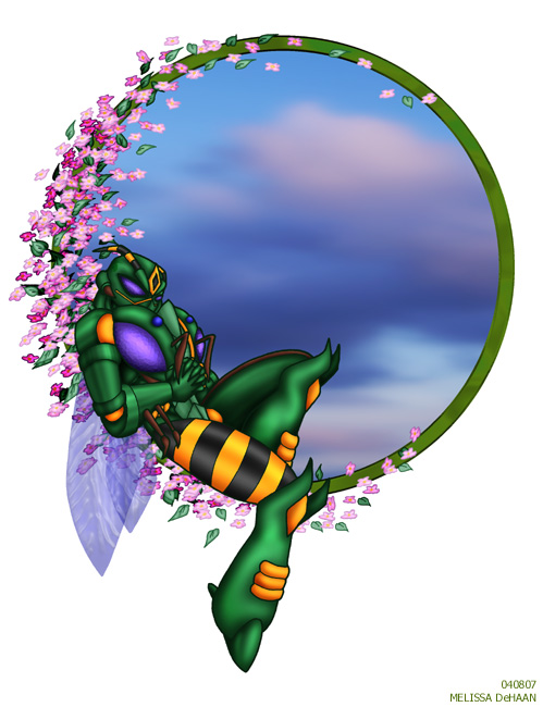 arthropod beast_wars flower green green_body insect melissa_dehaan plain_background predacon purple_eyes transformers wasp waspinator white_background wings