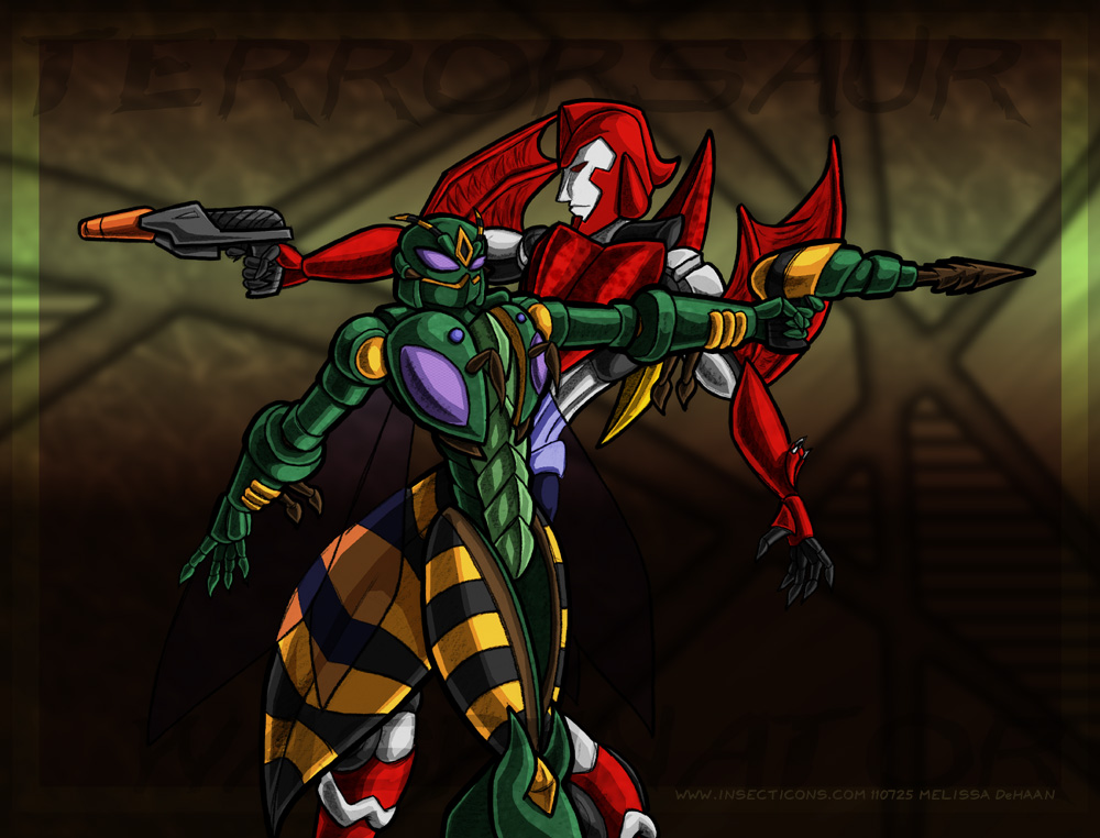 beast_wars dinosaur green green_body gun insect male melissa_dehaan predacon pterodactyl purple_eyes ranged_weapon red red_body scalie terrorsaur transformers wasp waspinator weapon white wings