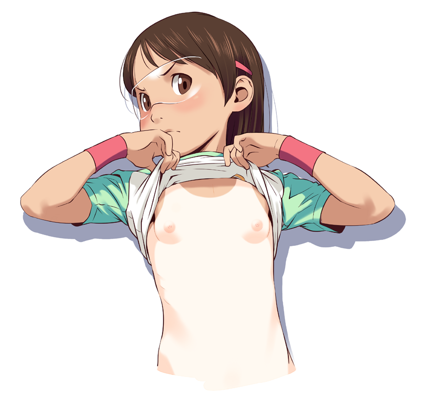 breasts brown_eyes brown_hair dennou_coil flat_chest glasses hashimoto_fumie long_hair nipples one-piece_tan raglan_sleeves shirt shirt_lift simple_background small_breasts solo tan tanline wang-pac white_background wristband