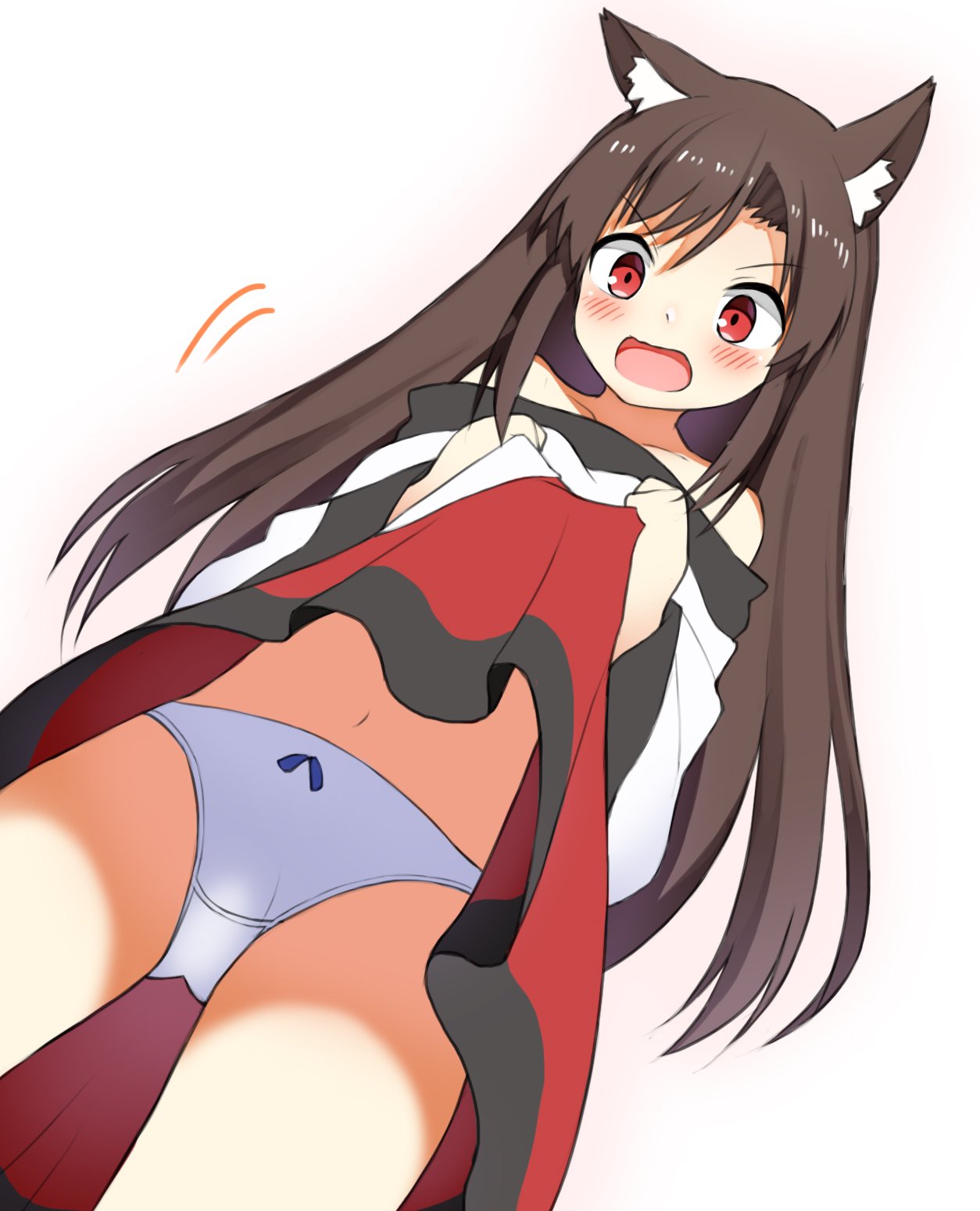 &gt;:o 1girl animal_ear_fluff animal_ears bare_shoulders brown_hair commentary_request d: dairininn dress dress_lift from_below highres imaizumi_kagerou lifted_by_self long_hair long_sleeves navel open_mouth panties red_eyes simple_background touhou underwear wide_sleeves wolf_ears