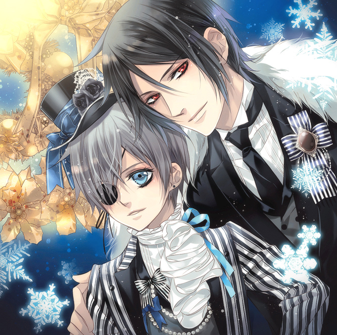 black_hair blue_eyes ciel1533 ciel_phantomhive earrings eyepatch formal hat jewelry kuroshitsuji mini_hat mini_top_hat multiple_boys necktie red_eyes sebastian_michaelis snowflakes suit top_hat