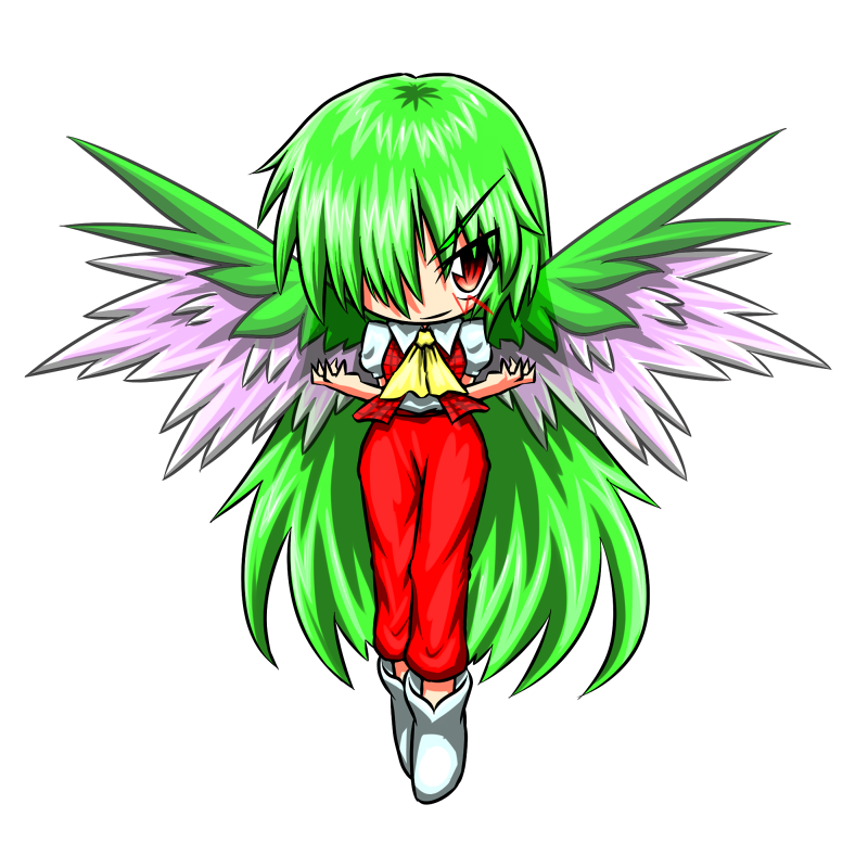 chibi full_body green_hair green_wings kazami_yuuka kazami_yuuka_(pc-98) long_hair r-18_jii red_eyes seihou smile touhou transparent_background very_long_hair wings