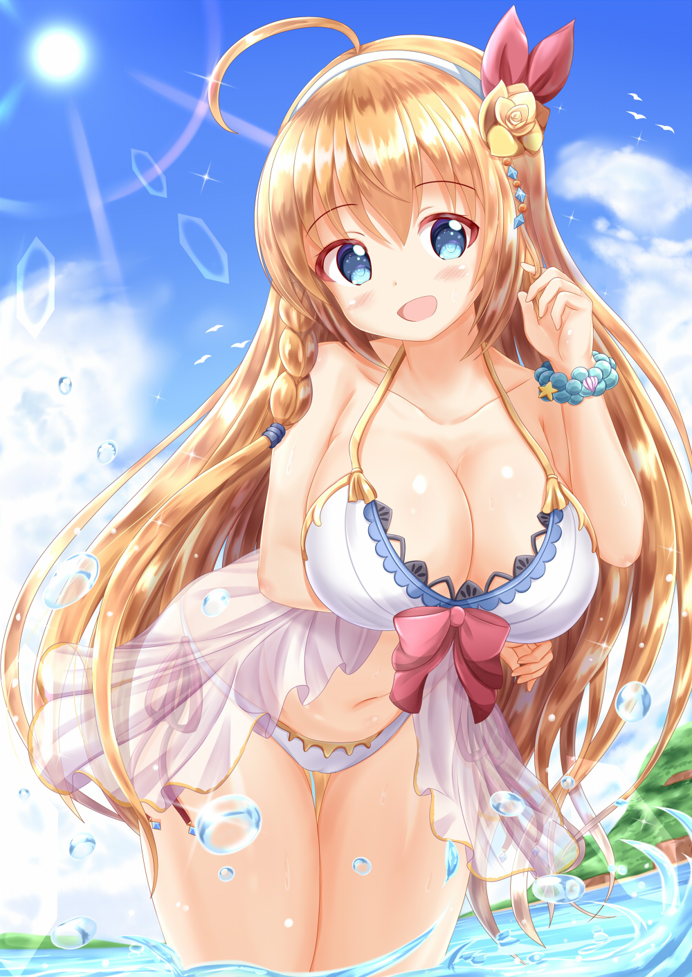 1girl :d ahoge bangs bare_shoulders bikini blue_eyes blue_sky blush bow bracelet braid breasts cleavage cloud cloudy_sky collarbone commentary_request day eyebrows_visible_through_hair flower hair_between_eyes hair_flower hair_ornament hair_ribbon hairband halter_top halterneck head_tilt highres jewelry large_breasts leaning_forward light_brown_hair long_hair looking_at_viewer navel open_mouth outdoors pecorine princess_connect! princess_connect!_re:dive red_bow red_ribbon ribbon rose side_braid single_braid sky smile solo standing sun sunlight swimsuit thigh_gap very_long_hair wading water white_bikini white_hairband yellow_flower yellow_rose zenon_(for_achieve)