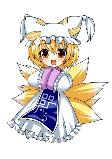 :d animal_ears asahana_jun blonde_hair blush chibi fox_tail hands_in_opposite_sleeves hat looking_at_viewer multiple_tails open_mouth short_hair simple_background smile solo tail touhou yakumo_ran yellow_eyes