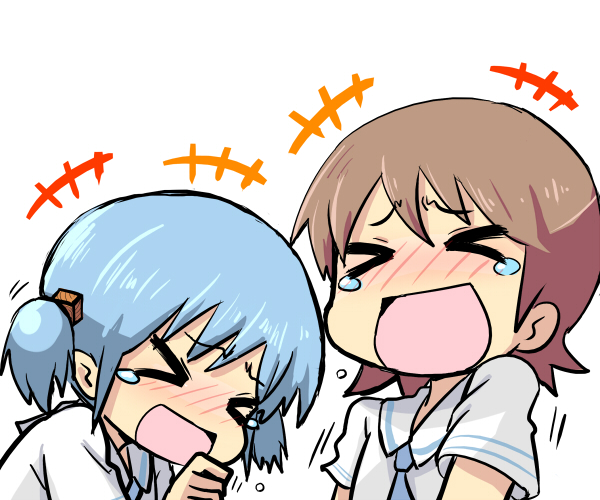 &gt;_&lt; :d aioi_yuuko b3 bad_id bad_pixiv_id blue_hair blush brown_hair closed_eyes hair_cubes hair_ornament laughing multiple_girls naganohara_mio necktie nichijou open_mouth school_uniform short_hair short_twintails smile tears tokisadame_school_uniform twintails xd