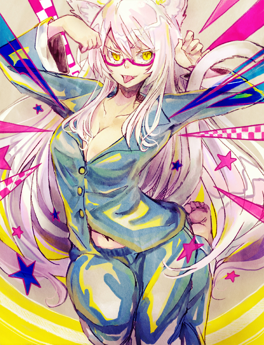 animal_ears bakemonogatari black_hanekawa breasts cat_ears cat_tail cleavage fangs glasses hanekawa_tsubasa large_breasts long_hair monogatari_(series) navel nekomonogatari ochakai_shin'ya pajamas solo tail tongue tongue_out very_long_hair white_hair yellow_eyes