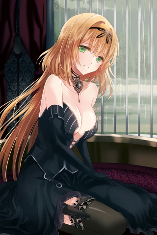 bangs banned_artist bare_shoulders bars black_legwear blonde_hair breasts bustier cleavage collarbone curtains dress elbow_gloves frilled_dress frills gloves green_eyes hair_ribbon jewelry leg_garter long_hair lowres medium_breasts necklace parted_bangs reum ribbon sitting smile solo sword_girls teeth thighhighs window