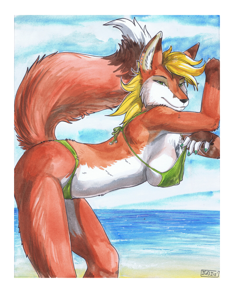 anthro beach big_breasts bikini blonde_hair breasts canine clothed clothing female fox green_eyes hair iggi looking_at_viewer mammal outside piercing pose sand seaside skimpy solo swimsuit tail water