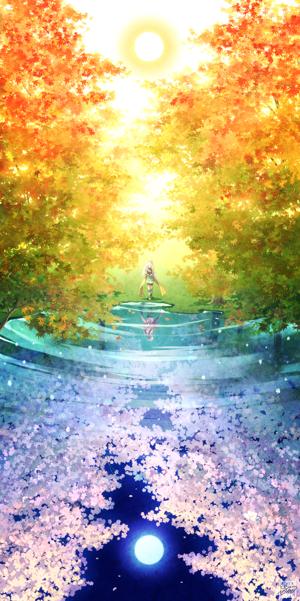 autumn cherry_blossoms forest full_moon highres leaf long_hair maple_leaf md5_mismatch minami_seira moon nature night night_sky original rainbow_order reflection scenery sky solo sun tree water white_hair