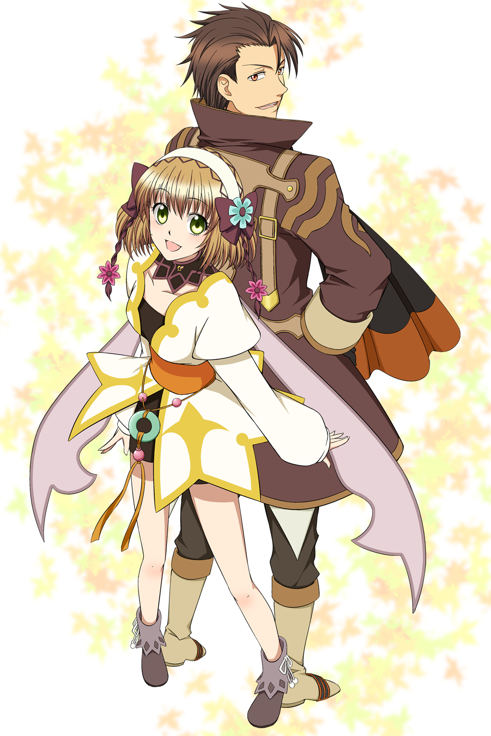 1girl alvin_(tales) back-to-back bare_legs bike_shorts boots bow braid brown_eyes brown_hair coat cravat detached_collar flower full_body green_eyes hair_flower hair_ornament hair_ribbon hairband hand_on_hip highres knee_boots leia_rolando pants ribbon shoes short_hair smile tales_of_(series) tales_of_xillia utakata_masara yellow_background