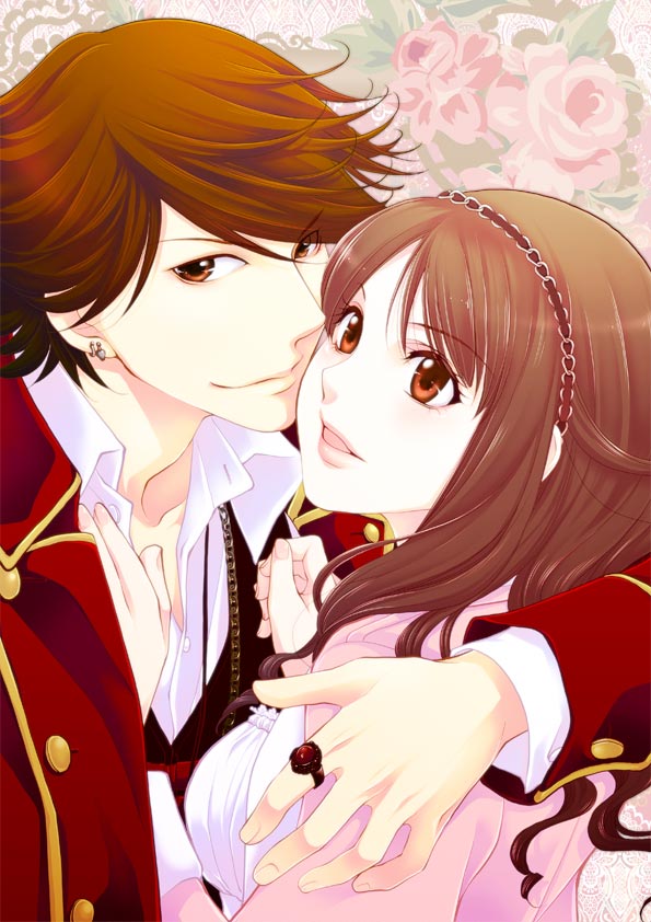 1girl ahim_de_famille arm_on_shoulder bad_id bad_pixiv_id breasts brown_eyes brown_hair captain_marvelous couple earrings floral_background hairband hand_on_another's_chest hetero jacket jewelry kaizoku_sentai_gokaiger medium_breasts nene_(narcisse) open_mouth short_hair smile super_sentai