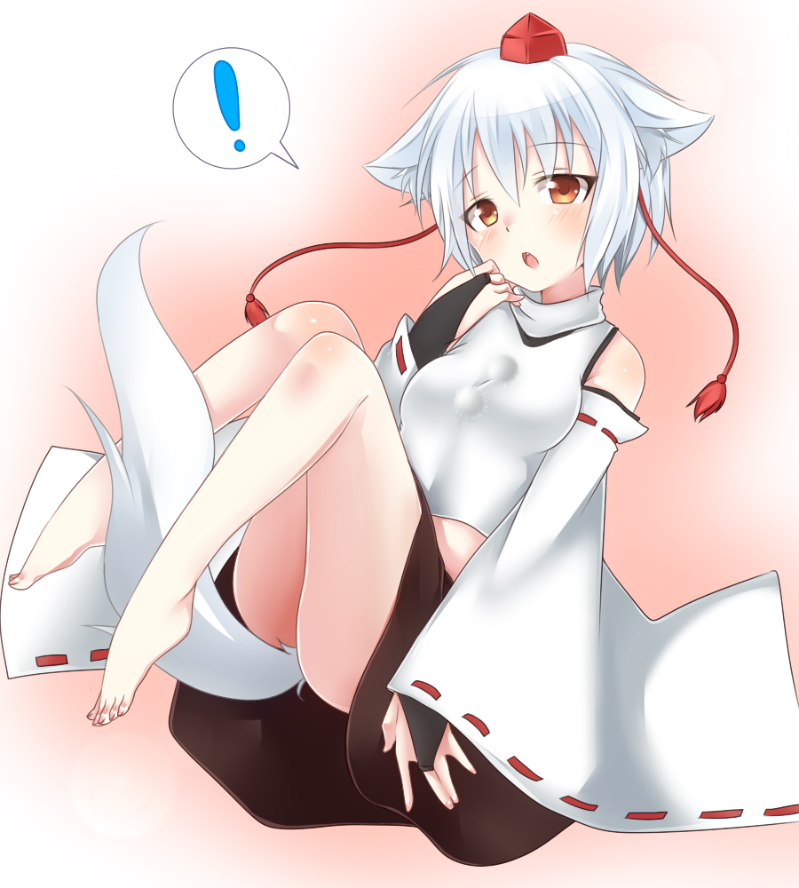 1girl animal_ears bare_legs bare_shoulders barefoot between_legs blush bridal_gauntlets brown_eyes detached_sleeves hat inubashiri_momiji ryoulove15 short_hair silver_hair simple_background solo tail tail_between_legs tokin_hat touhou wolf_ears wolf_tail