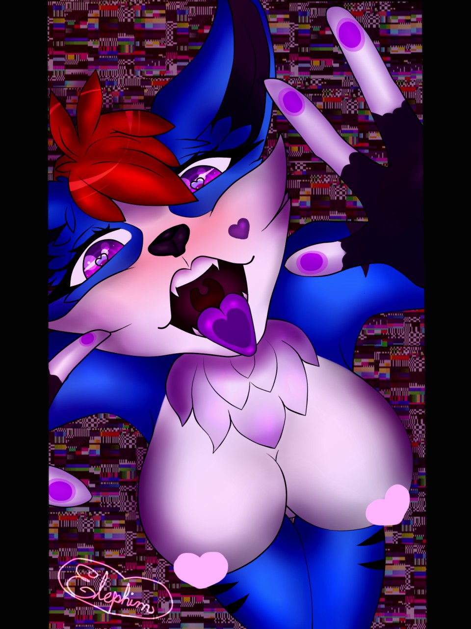 &lt;3 &lt;3_eyes 2019 5_fingers big_breasts blue_fur blush breasts canine censored chest_tuft elephimbunny fox fur glitch huge_breasts kemono looking_at_viewer mammal open_mouth purple_eyes solo standing tongue tuft