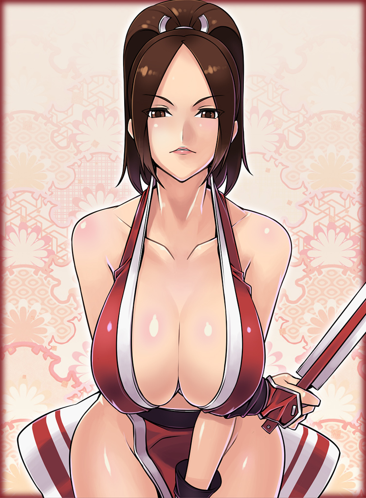 bare_shoulders breasts brown_eyes brown_hair cleavage closed_fan fan fatal_fury fingerless_gloves folding_fan gloves hanging_breasts large_breasts nek pelvic_curtain ponytail revealing_clothes shiranui_mai side_slit solo the_king_of_fighters