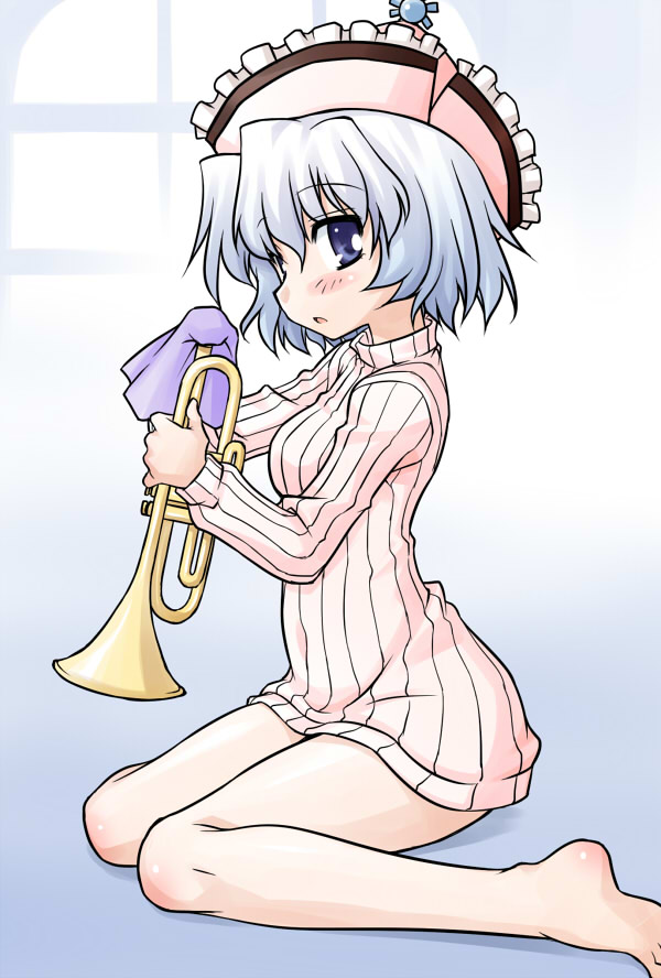 akou_roushi alternate_costume bare_legs barefoot blue_eyes blue_hair blush body_blush bottomless cleaning hat instrument merlin_prismriver naked_sweater no_pants revision ribbed_sweater short_hair sitting solo sweater touhou trumpet wariza