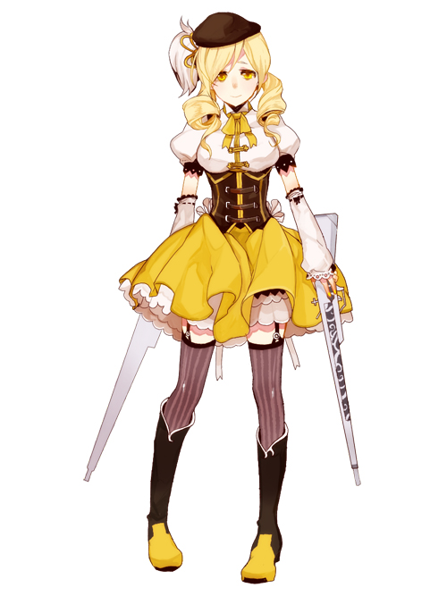 beret blonde_hair boots corset detached_sleeves drill_hair fingerless_gloves full_body garter_straps gloves gun hair_ornament hat magical_girl magical_musket mahou_shoujo_madoka_magica pleated_skirt puffy_sleeves rifle simple_background skirt solo striped striped_legwear thighhighs tobi0728 tomoe_mami twin_drills twintails vertical-striped_legwear vertical_stripes weapon white_background yellow_eyes