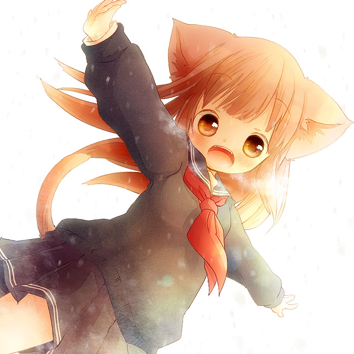 :d animal_ears bangs blunt_bangs breath brown_hair cat_ears cat_tail fangs kotohisa_kao long_hair looking_at_viewer looking_down open_mouth orange_hair original outstretched_arms pleated_skirt school_uniform serafuku skirt smile snowing solo spread_arms sweater tail tareme