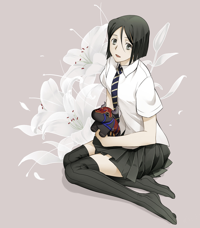 bangs black_eyes black_hair bull fate/zero fate_(series) flower genderswap genderswap_(mtf) lily_(flower) necktie parted_bangs pleated_skirt school_uniform sensha_otoko sitting skirt solo striped striped_legwear stuffed_animal stuffed_bull stuffed_toy thighhighs vertical-striped_legwear vertical_stripes waver_velvet yokozuwari yun_(neo)