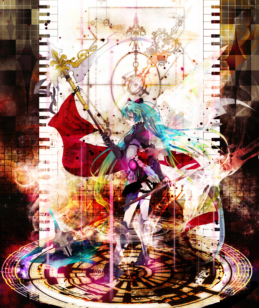aqua_hair armor beamed_eighth_notes boots chikashige eighth_note gauntlets greaves halberd hatsune_miku high_heels knee_boots long_hair musical_note musical_note_print piano_keys polearm quarter_note scythe shoes solo staff_(music) treble_clef twintails very_long_hair vocaloid weapon